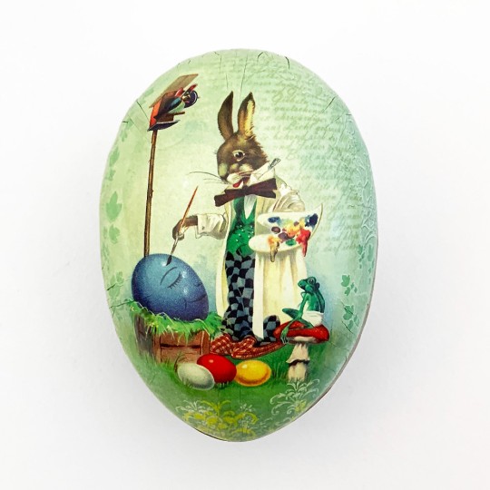 4-1/2" Green Papier Mache Easter Egg Container with Vintage Artist Bunny and Eggs ~ Germany